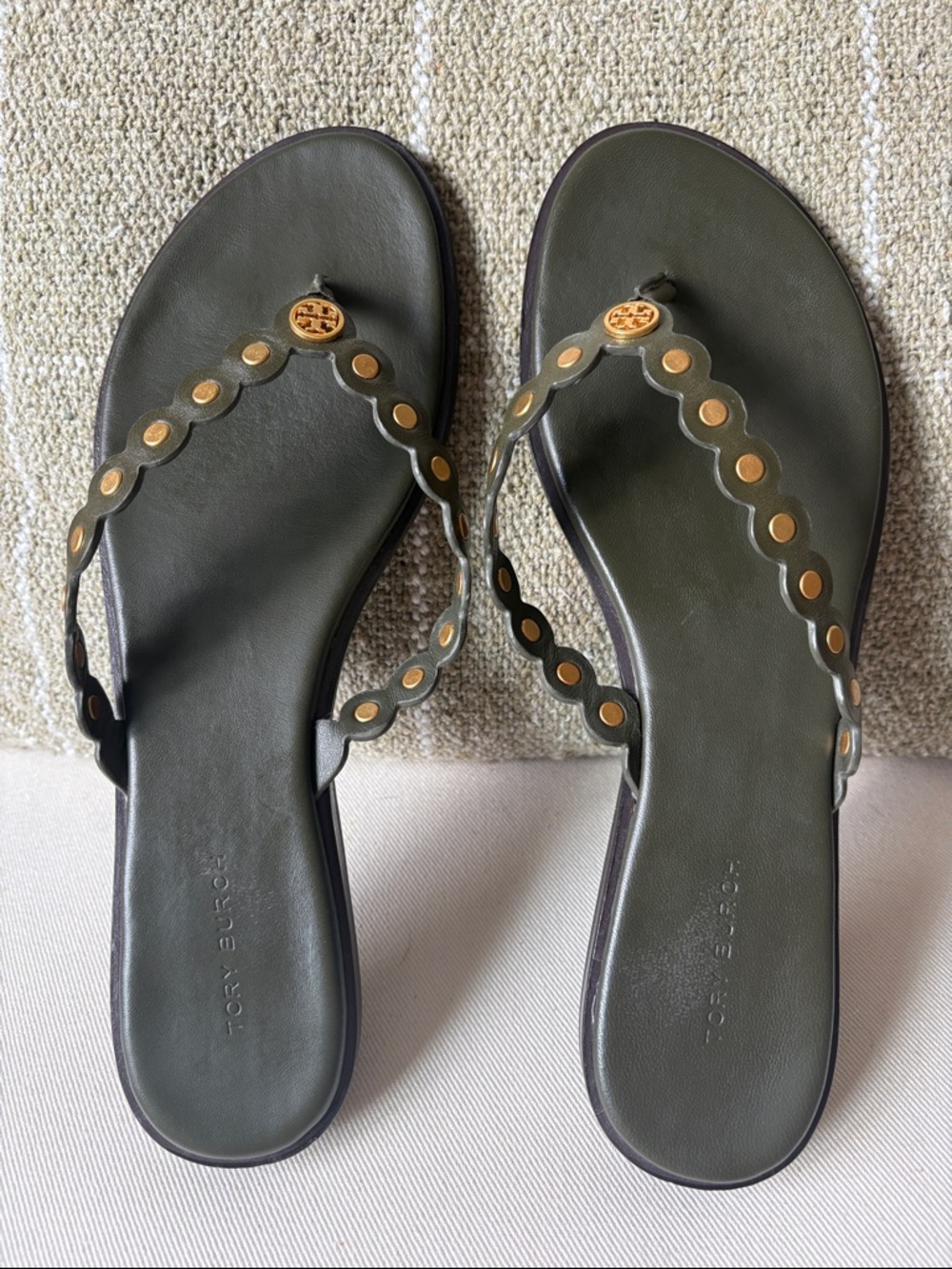 Tory Burch Olive Green Scalloped Thong Sandals with Gold Accents